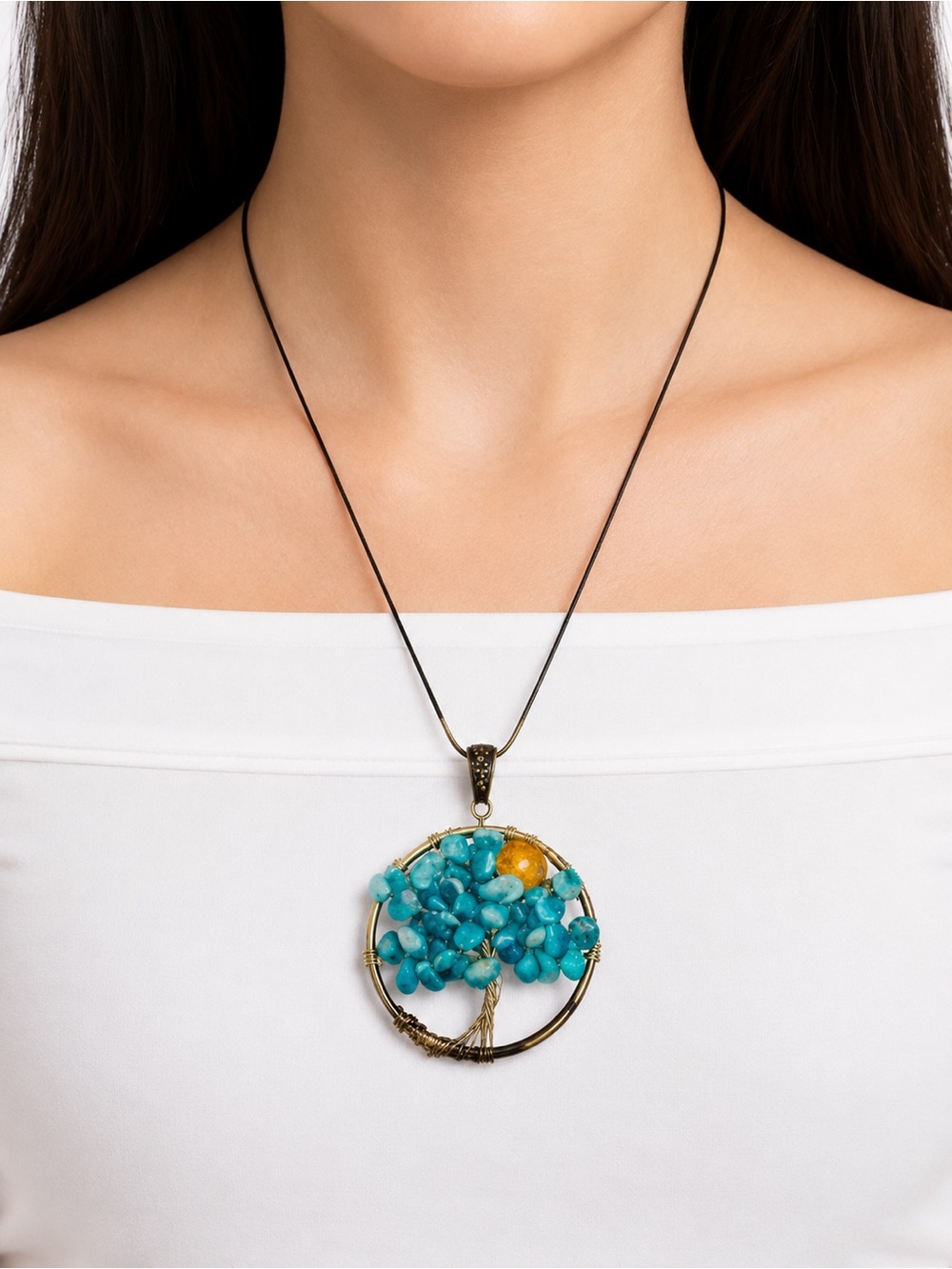 Tree of Life Turquoise Gemstone Beads Pendant Wire Wrapped Silver Chain Necklace